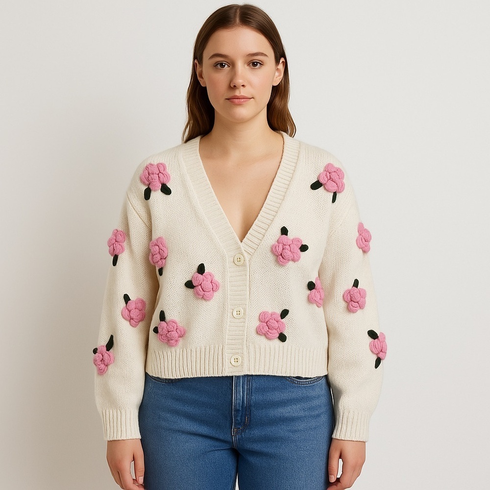 Luna Ivy Cream Knit Cardigan XS – 3D Pink Floral Appliqué Sweater